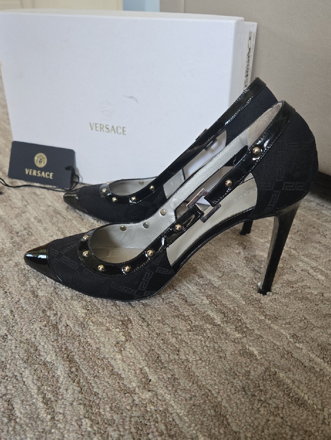 Versace Black Studded Patent-Trim Pointed Stilettos